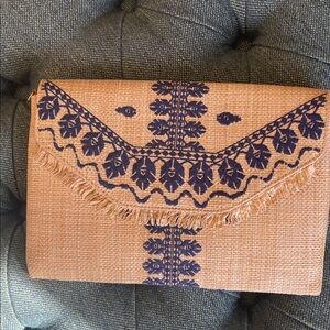 Stella & Dot Blue and Tan Patterned Clutch